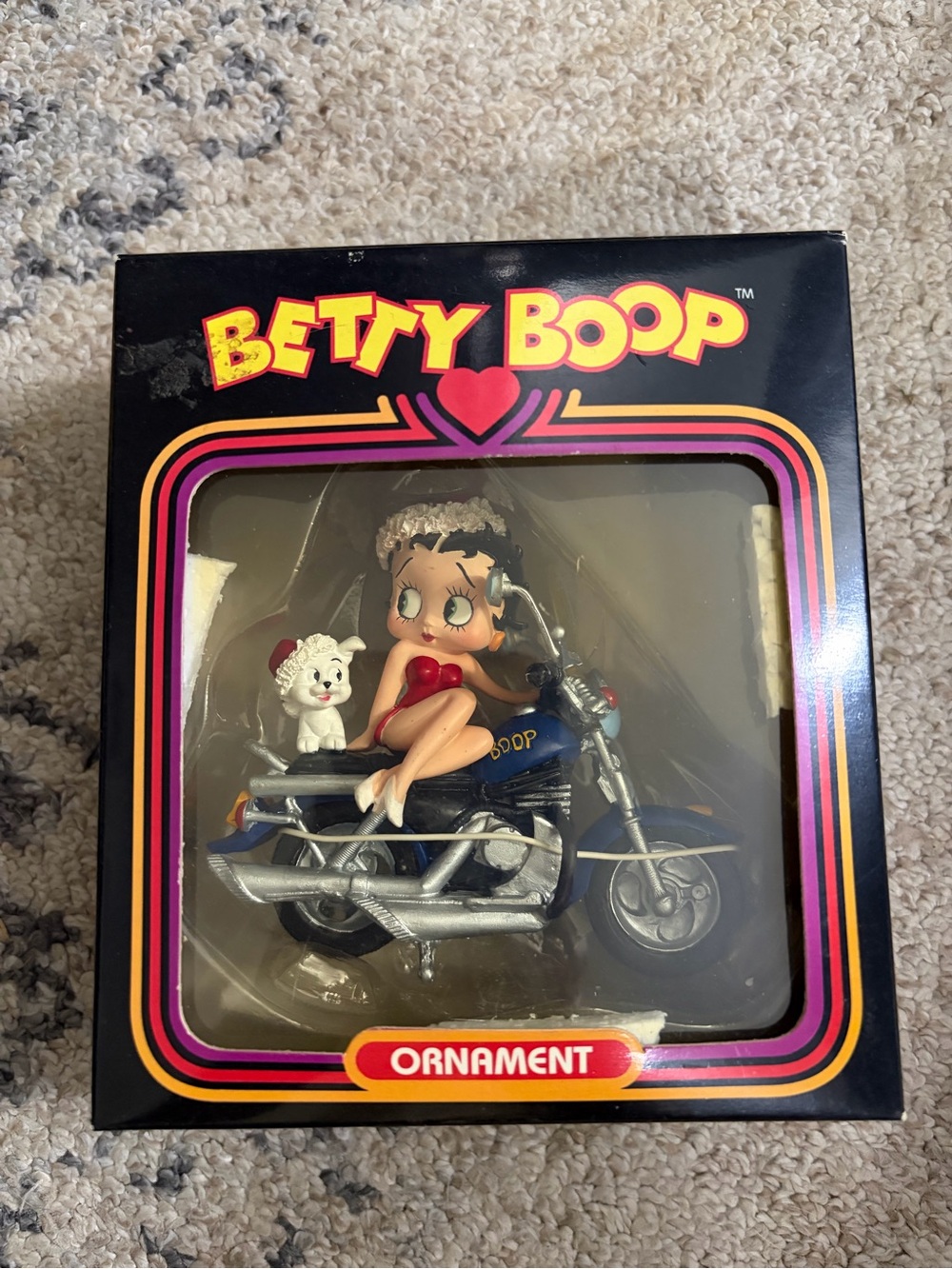 Vintage 1999 Betty Boop and Pudgy Motorcycle Ornament - Black Box